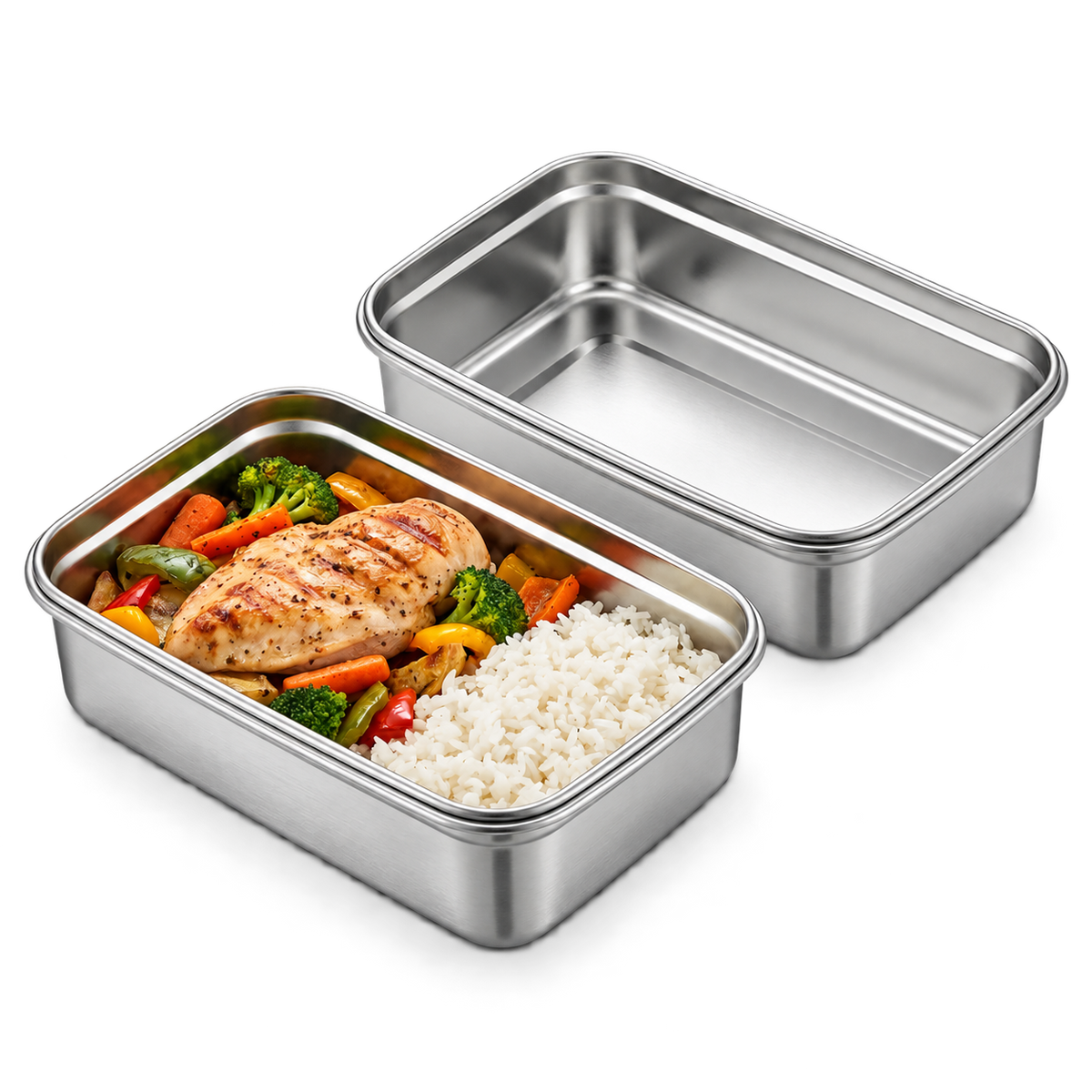 Two stainless steel food containers, one filled with grilled chicken, rice and vegetables