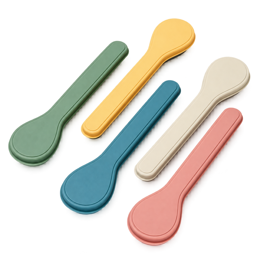 Travel cutlery cases in green, yellow, blue, beige and pink