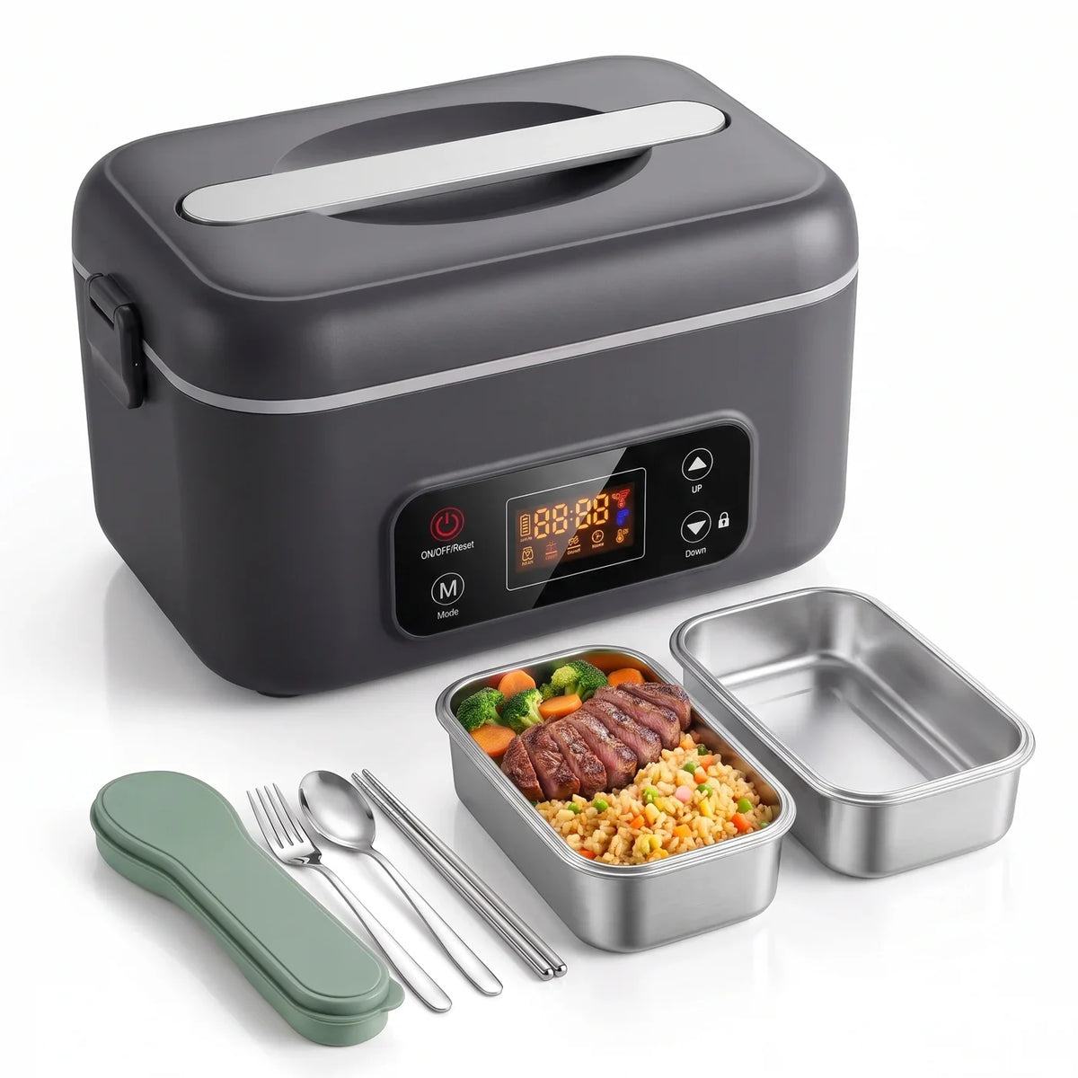 Complete lunch kit: heated lunch box, two steel containers and a green travel cutlery set